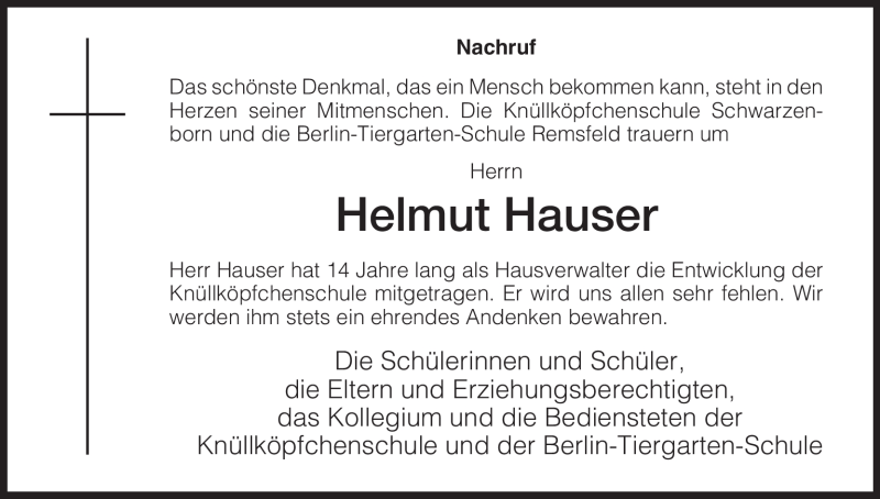  Traueranzeige für Helmut Hauser vom 16.07.2010 aus HNA