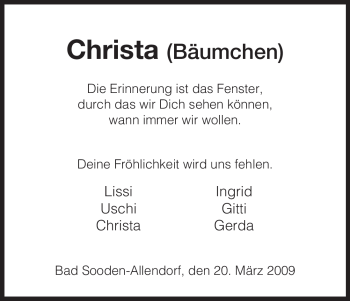 Traueranzeige von Christa Unbekannt von HNA