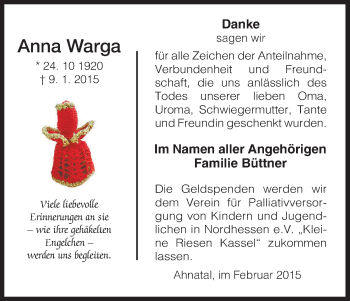 Traueranzeige von Anna Warga von HNA