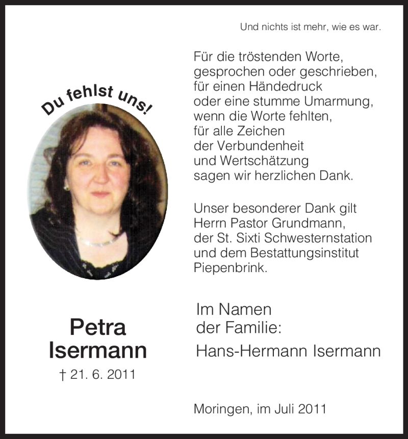  Traueranzeige für Petra Isermann vom 23.07.2011 aus HNA