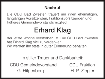 Traueranzeige von Erhard Klag von HNA