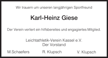 Traueranzeige von Karl-Heinz Giese von HNA