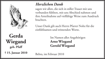 Traueranzeige von Gerda Wiegand von HNA