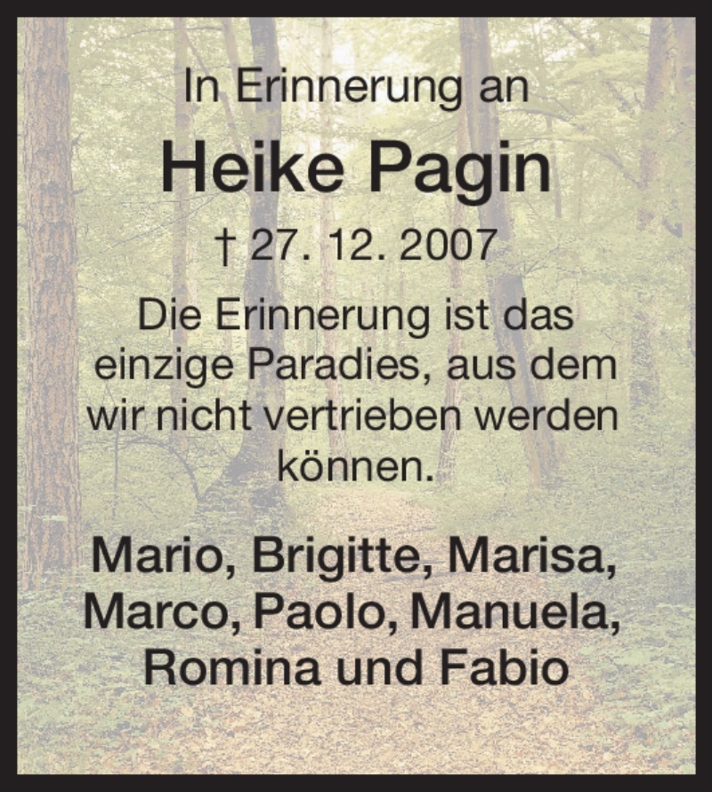  Traueranzeige für Heike Pagin vom 27.12.2010 aus HNA