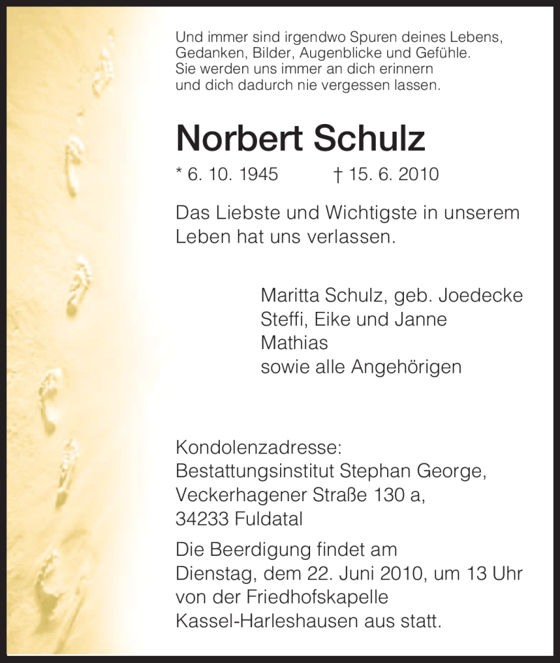  Traueranzeige für Norbert Schulz vom 19.06.2010 aus HNA