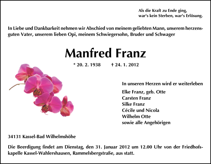 Traueranzeige für Manfred Franz vom 27.01.2012 aus HNA