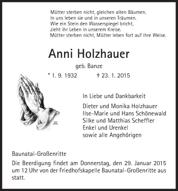 Traueranzeige von Anni Holzhauer von HNA