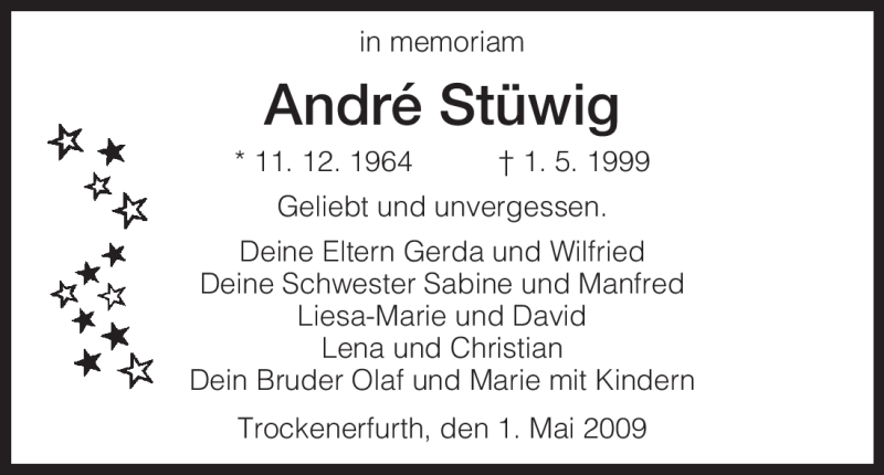  Traueranzeige für André Stüwig vom 01.05.2009 aus HNA