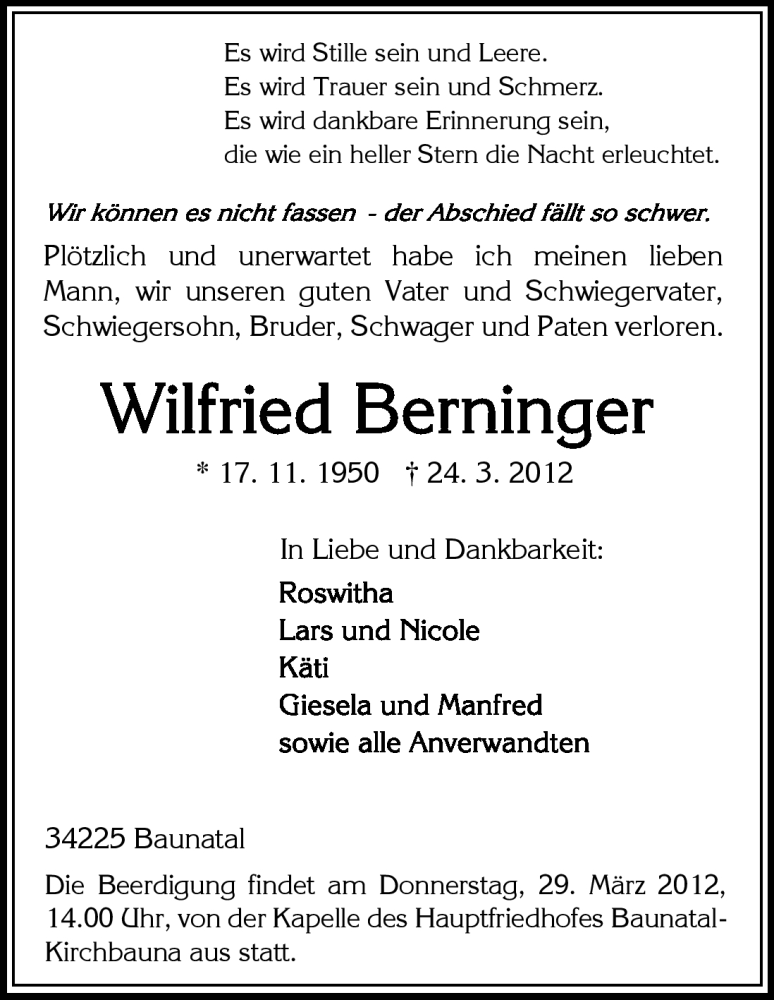  Traueranzeige für Wilfried Berninger vom 26.03.2012 aus HNA