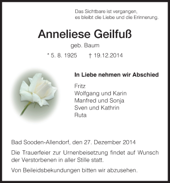 Traueranzeige von Anneliese Geilfuß von HNA