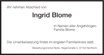 Traueranzeige von Ingrid Blome von HNA
