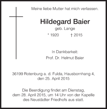 Traueranzeige von Hildegard Baier von HNA