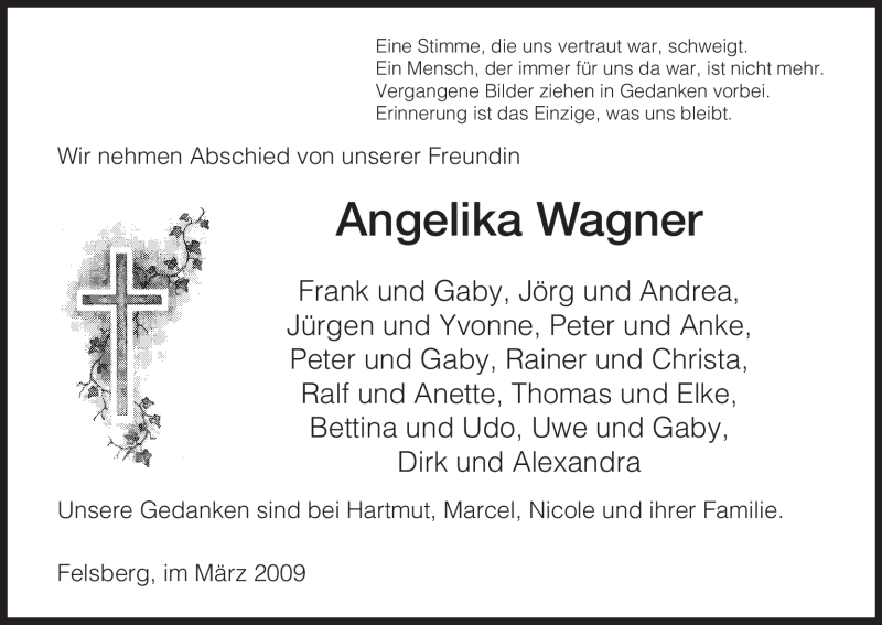  Traueranzeige für Angelika Wagner vom 28.03.2009 aus HNA