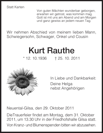 Traueranzeige von Kurt Rauthe von HNA