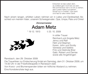 Traueranzeige von Adam Metz von HNA