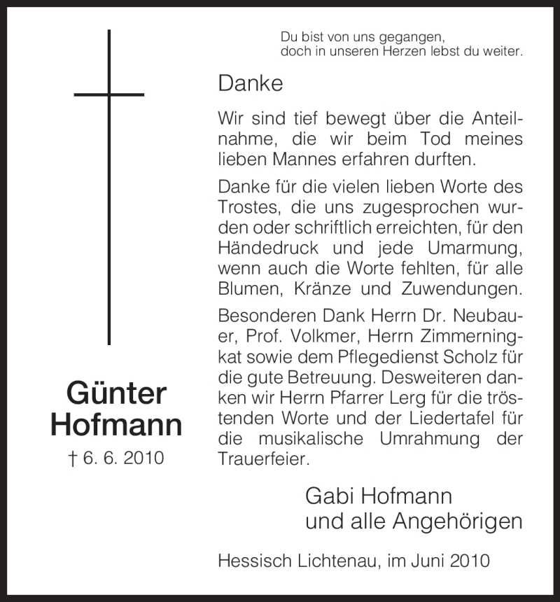  Traueranzeige für Günter Hofmann vom 19.06.2010 aus HNA