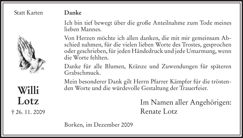  Traueranzeige für Willi Lotz vom 19.12.2009 aus HNA