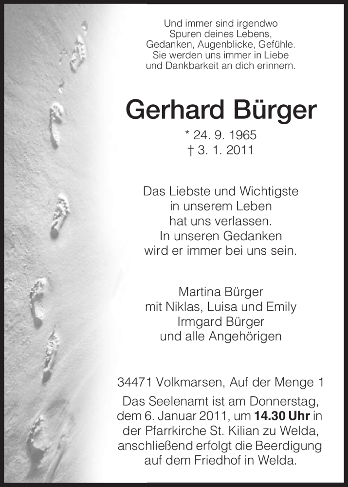  Traueranzeige für Gerhard Bürger vom 04.01.2011 aus HNA