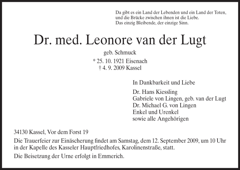  Traueranzeige für Leonore van der Lugt vom 09.09.2009 aus HNA