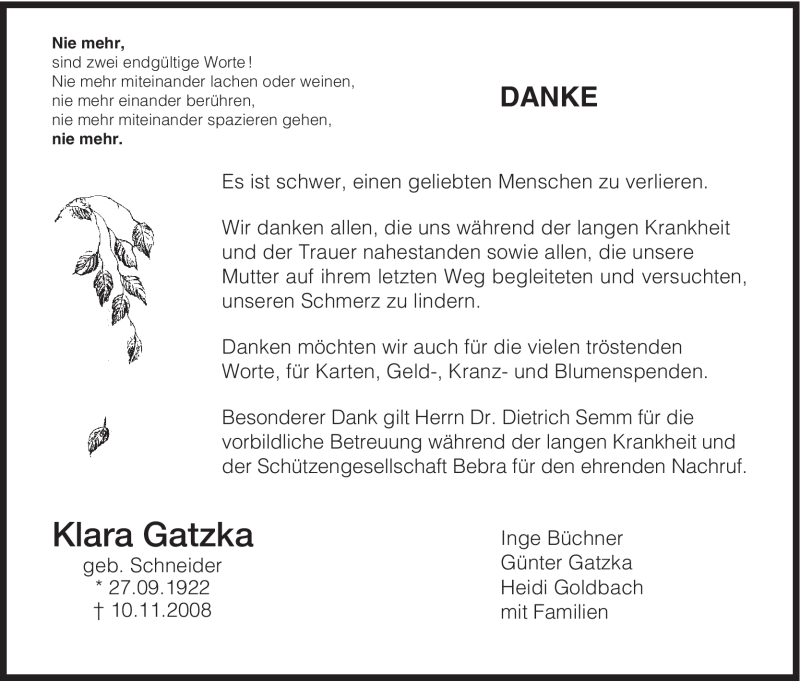  Traueranzeige für Klara Gatzka vom 24.12.2008 aus HNA