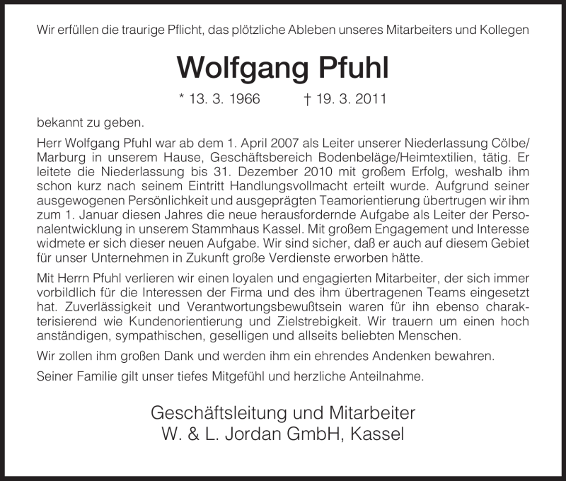  Traueranzeige für Wolfgang Pfuhl vom 23.03.2011 aus HNA