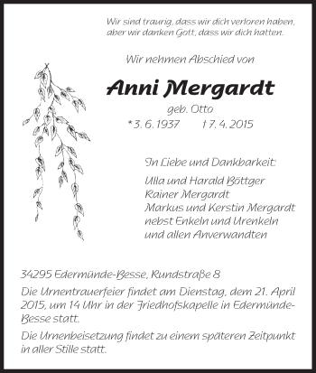 Traueranzeige von Anni Mergardt von HNA