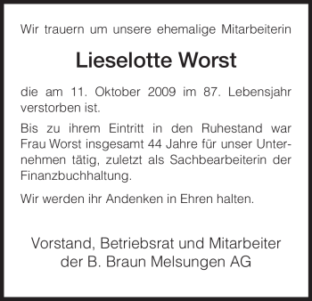 Traueranzeige von Lieselotte Worst von HNA