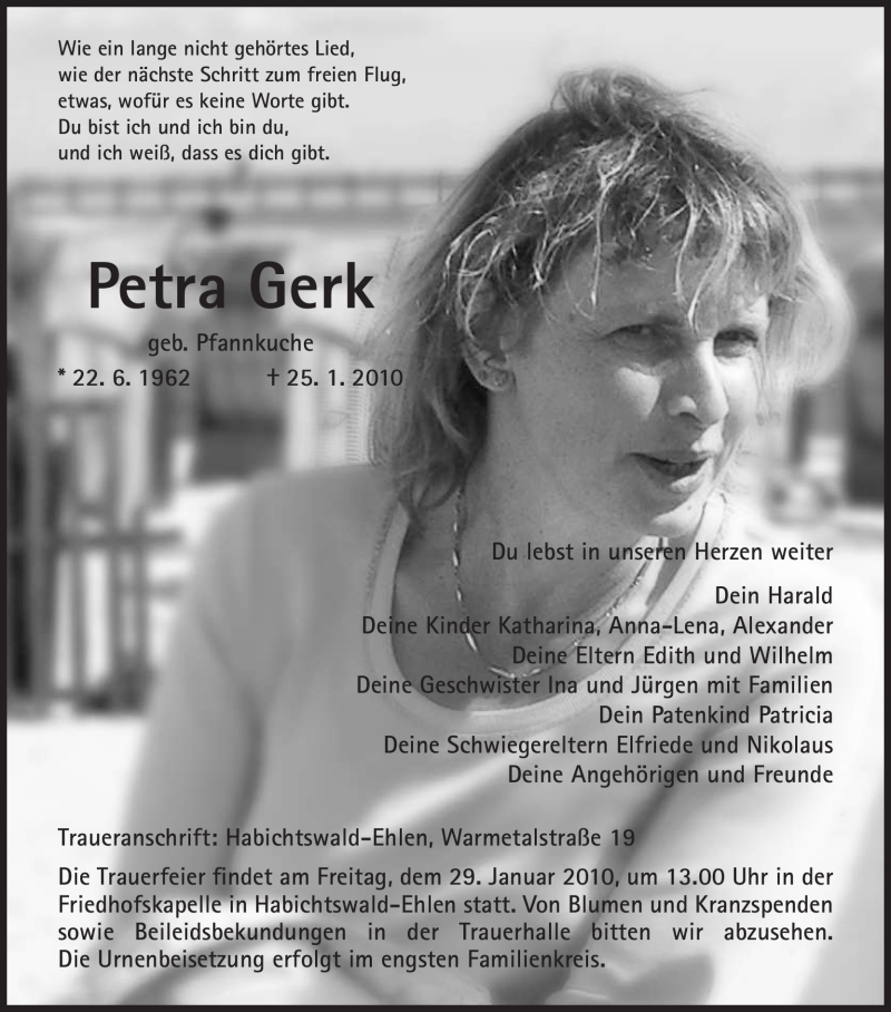  Traueranzeige für Petra Gerk vom 27.01.2010 aus HNA