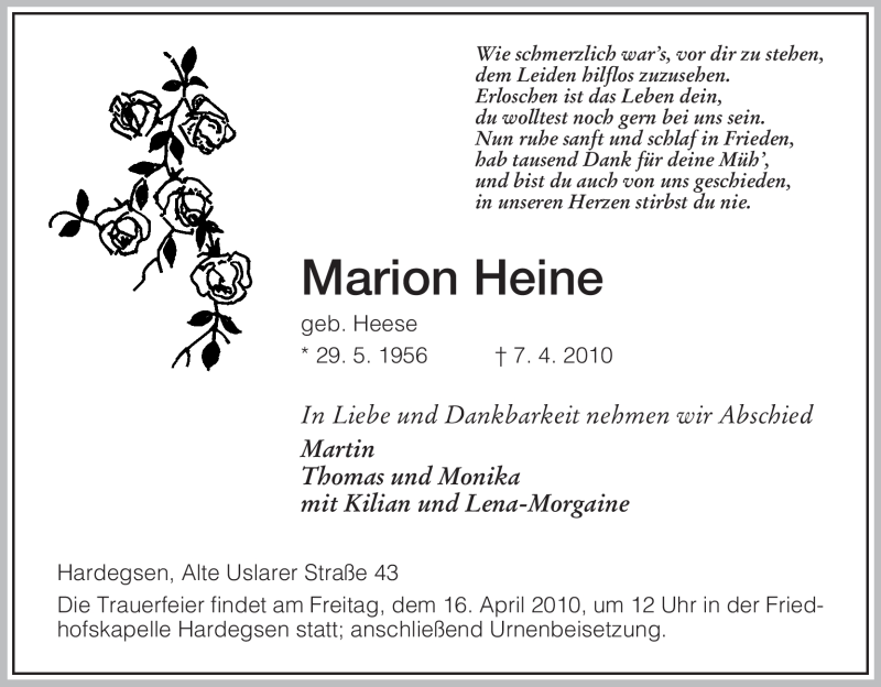  Traueranzeige für Marion Heine vom 13.04.2010 aus HNA