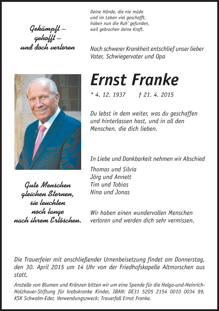  Traueranzeige für Ernst Franke vom 25.04.2015 aus HNA