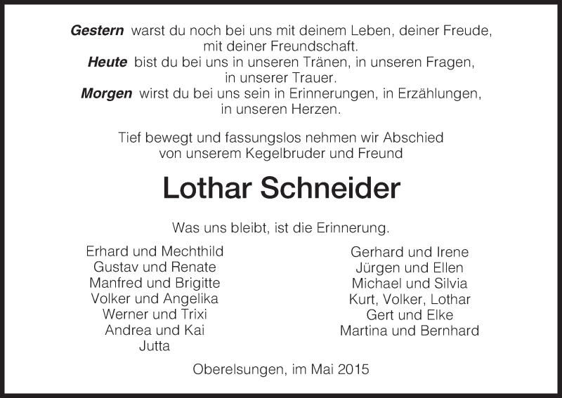  Traueranzeige für Lothar Schneider vom 07.05.2015 aus HNA