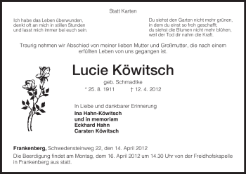 Traueranzeige von Lucie Köwitsch von HNA