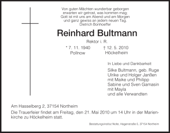 Traueranzeige von Reinhard Bultmann von HNA