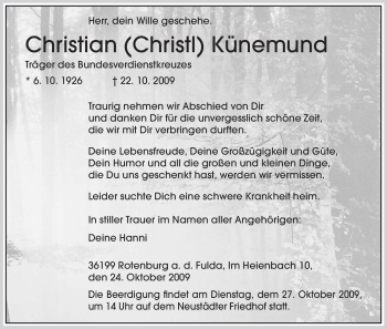 Traueranzeige von Christian Künemund von HNA