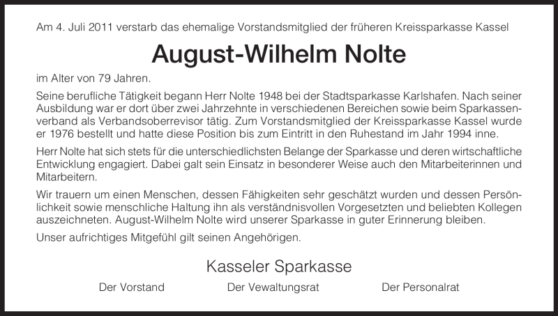 Traueranzeige für August-Wilhelm Nolte vom 06.07.2011 aus HNA