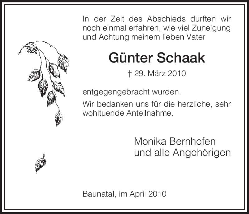  Traueranzeige für Günter Schaak vom 24.04.2010 aus HNA