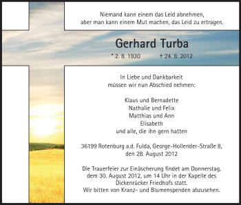 Traueranzeige von Gerhard Turba von HNA