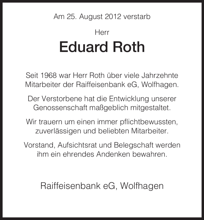  Traueranzeige für Eduard Roth vom 28.08.2012 aus HNA