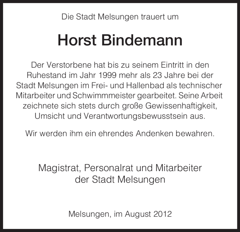  Traueranzeige für Horst Bindemann vom 28.08.2012 aus HNA