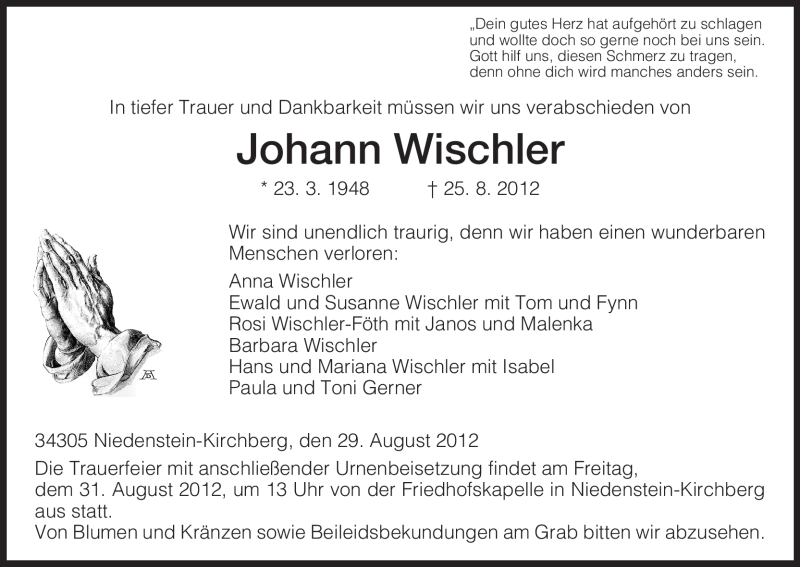  Traueranzeige für Johann Wischler vom 29.08.2012 aus HNA