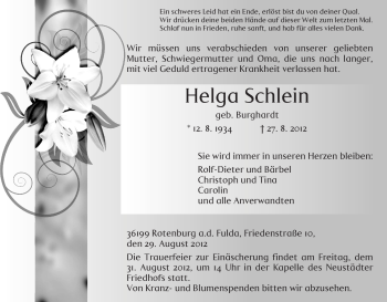 Traueranzeige von Helga Schlein von HNA