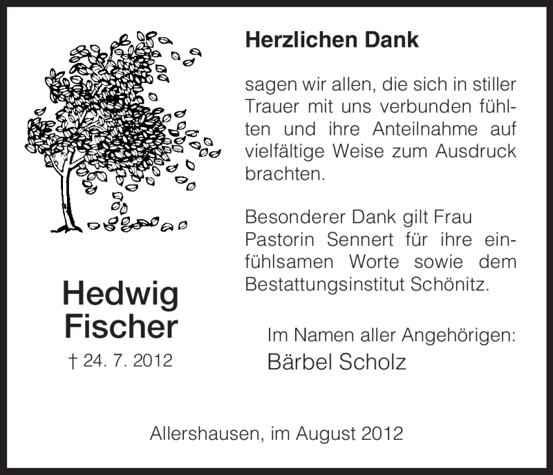  Traueranzeige für Hedwig Fischer vom 31.08.2012 aus HNA