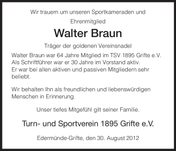 Traueranzeige von Walter Braun von HNA
