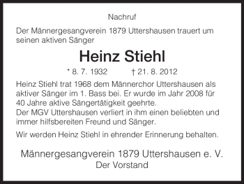 Traueranzeige von Heinz Stiehl von HNA