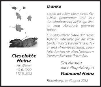 Traueranzeige von Lieselotte Heinz von HNA