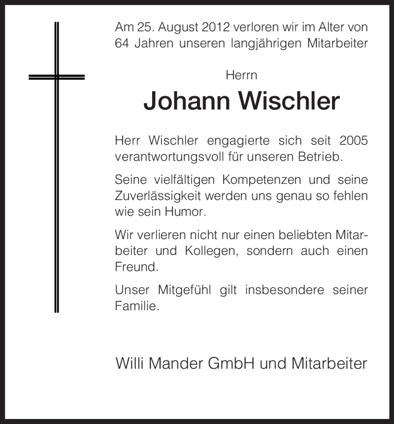  Traueranzeige für Johann Wischler vom 31.08.2012 aus HNA