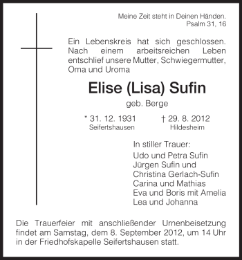 Traueranzeige von Elise Sufin von HNA