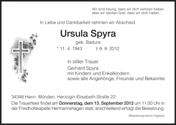 Traueranzeige von Ursula Spyra von HNA