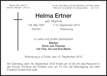 Traueranzeige von Helma Ertner von HNA