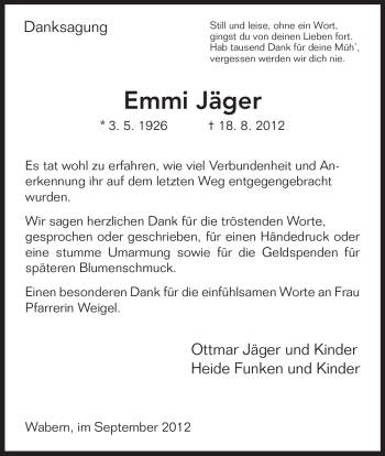 Traueranzeige von Emmi Jäger von HNA